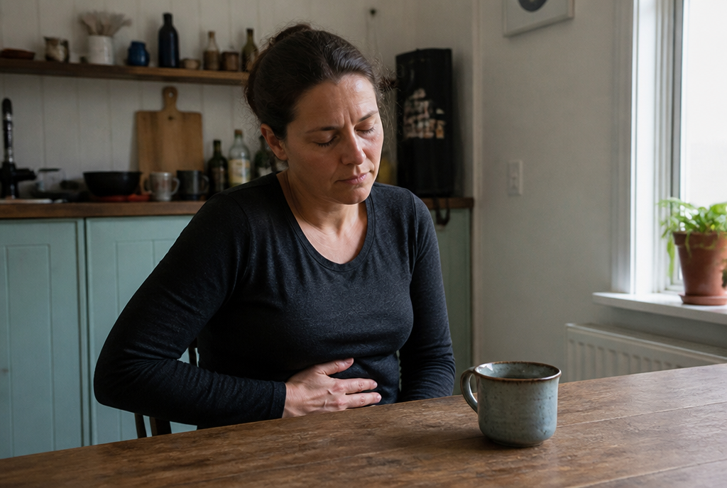 A woman in her 40s sitting hunched at a kitchen table holding her stomach