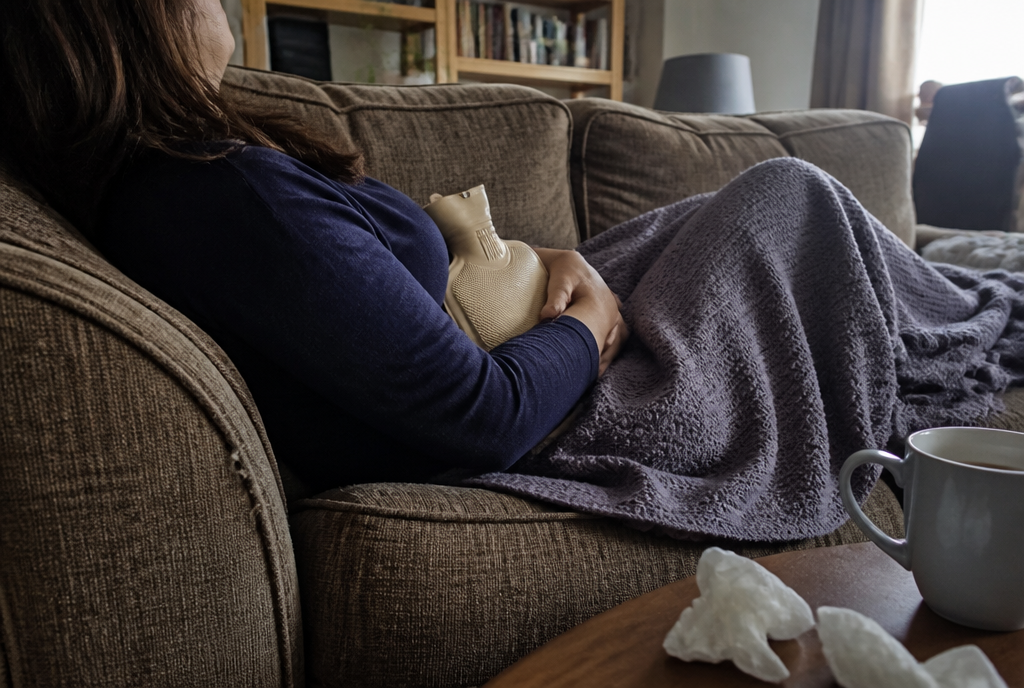 A woman resting on a sofa with a hot water bottle on her stomach